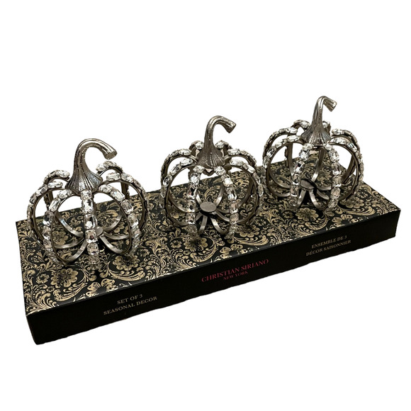 Christian Siriano Crystal Jeweled Metal Pumpkins Set of 3 Halloween Glam Silver - Picture 11 of 13